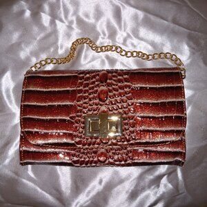 Dazzling Red Crocodile / Alligator Print Handbag Purse Glitter Chain (New)